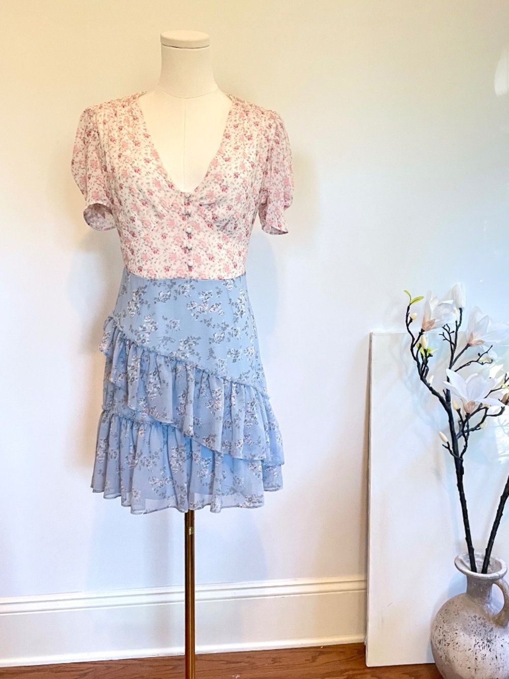Shabby Chic Babydoll Dainty Micro Floral Dress XS Cottagecore Fairy Ruffle Mini
